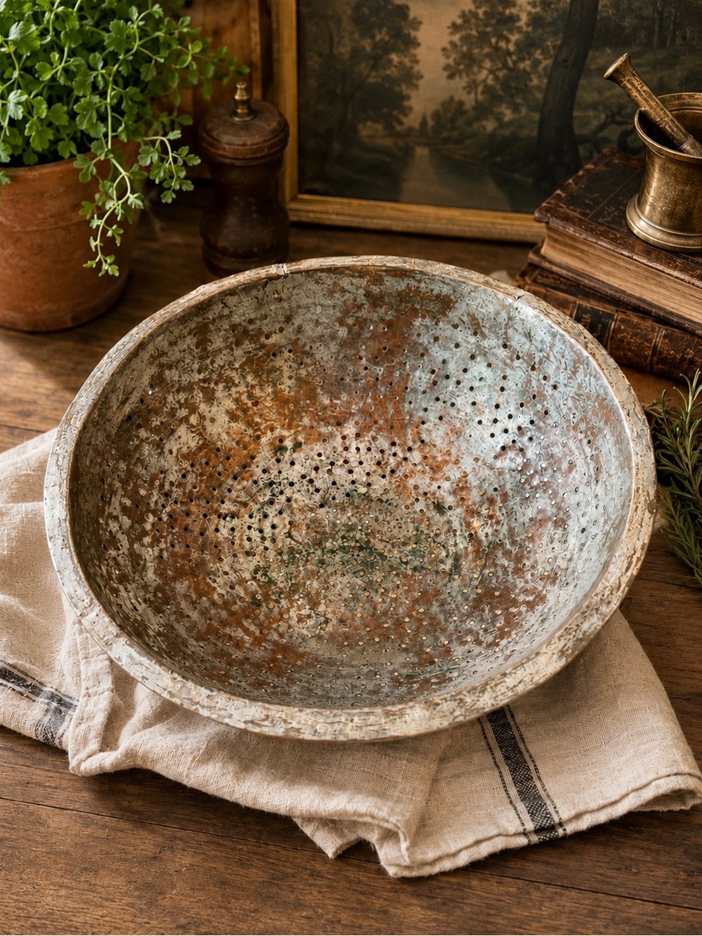 19th Century French Copper Metal Colander - Distressed Silver with Patina